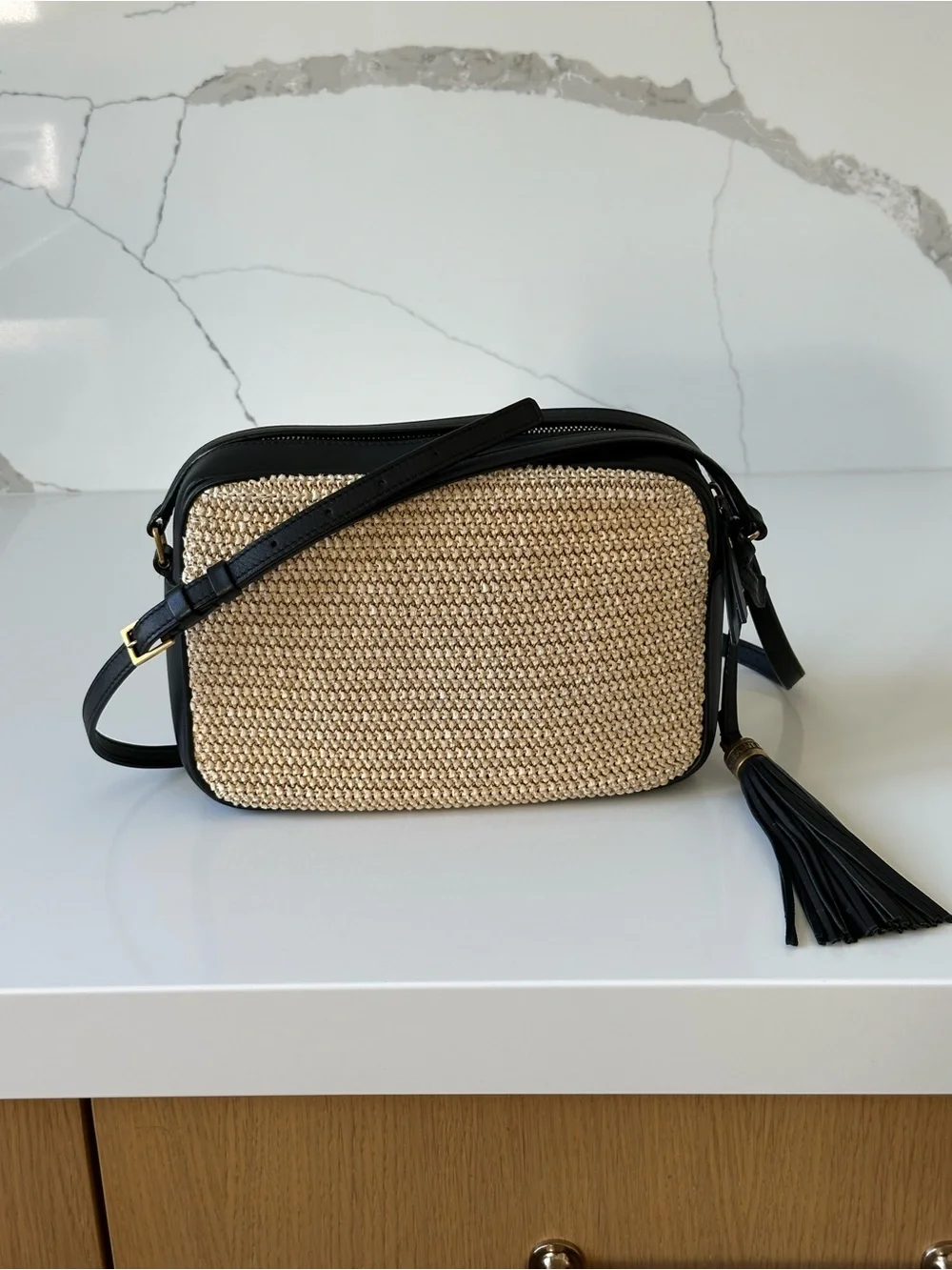 Saint Laurent Black and Beige Raffia Crossbody Camera Bag with Tassel - Picture 2 of 8